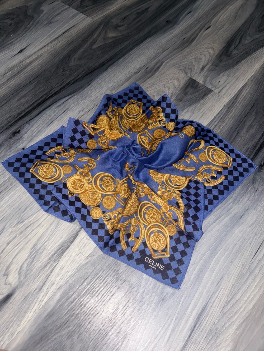 Vintage Celine Blue Cotton Handkerchief with Gold Medallion Design